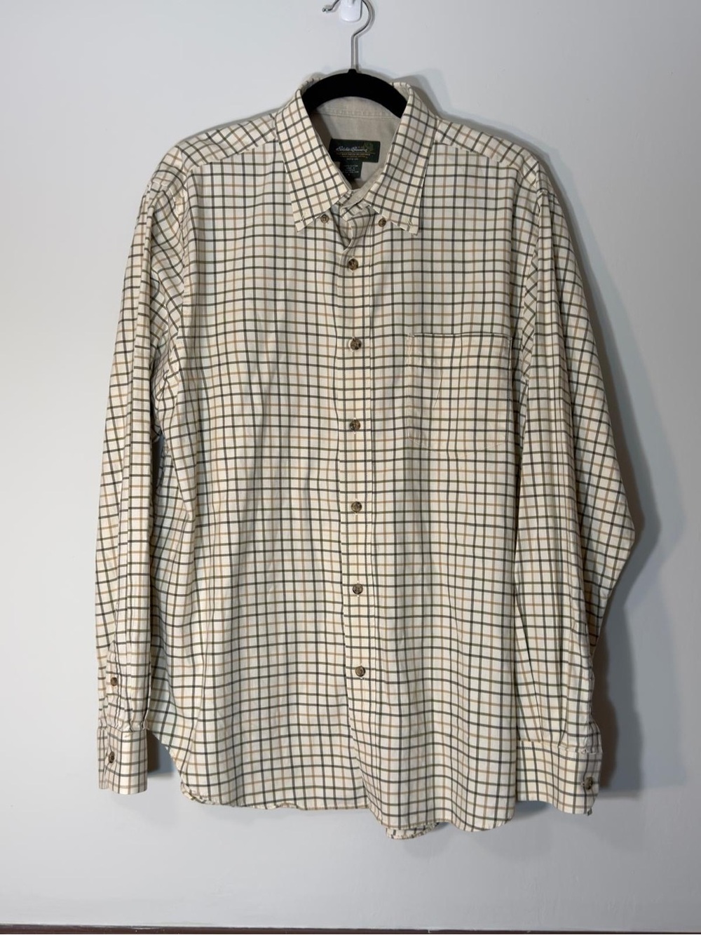 Eddie Bauer Men’s Large Cream Brown Grid Plaid Button Down Soft Warm Shirt